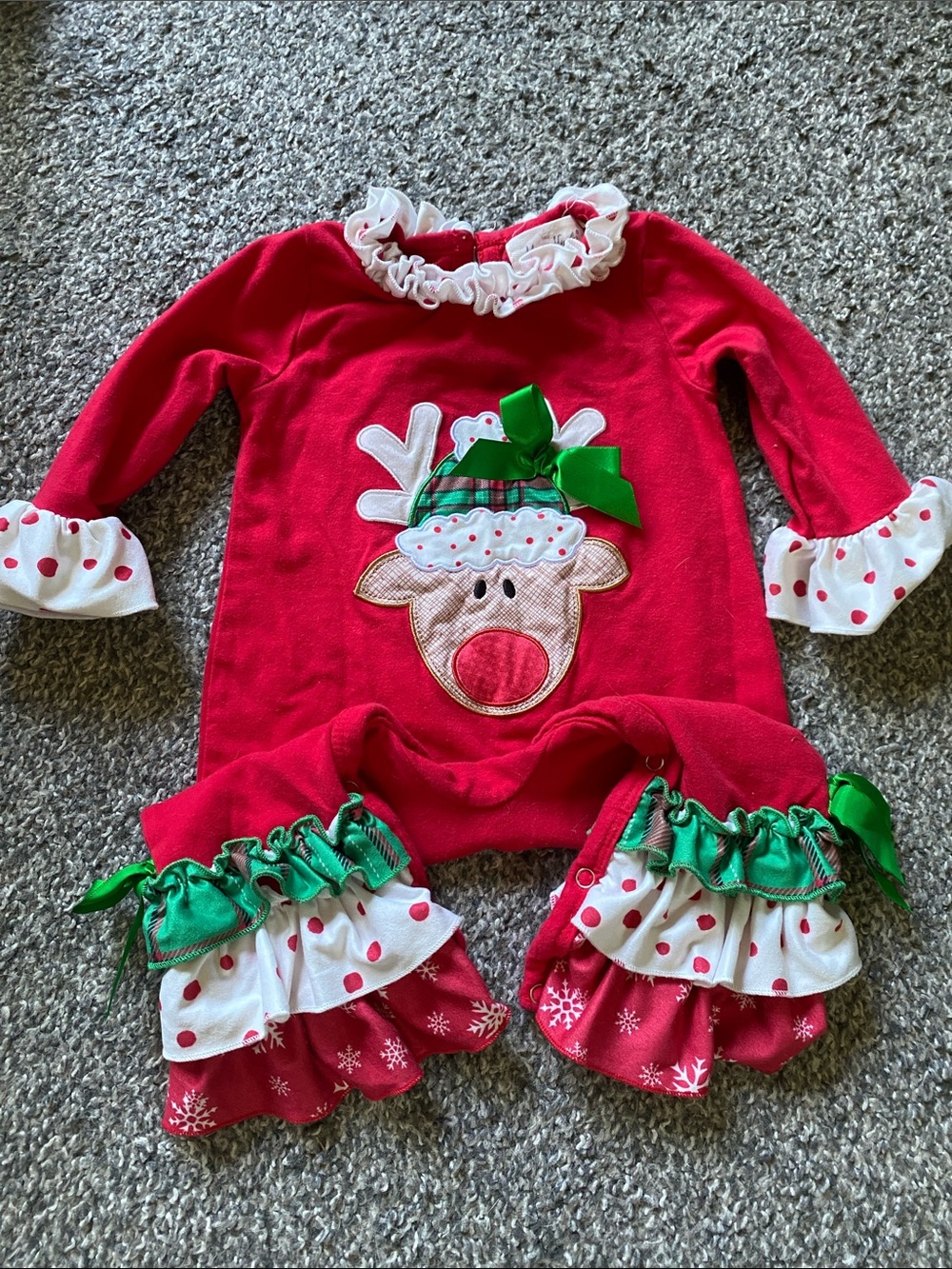 Marie Nicole 6-12m Red Reindeer One-Piece with Ruffle Trim